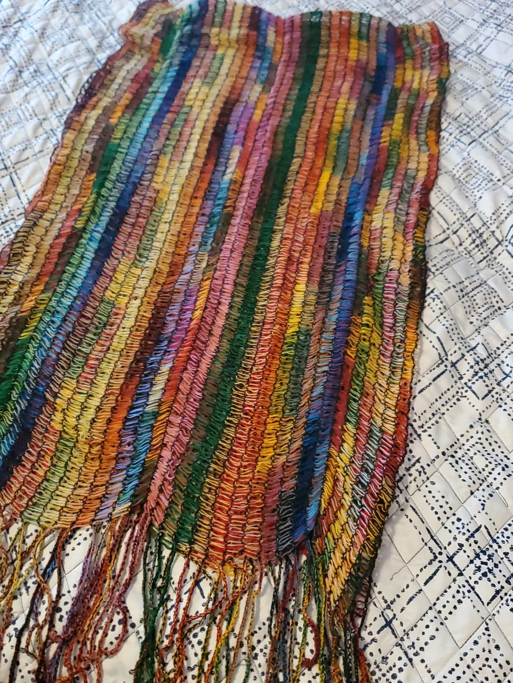 Vintage Italian Vibrant Multicolor Rainbow Striped Ruffle Handwoven Scarf